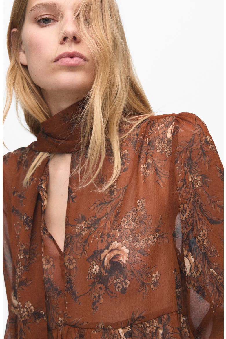 Floral Print Tie Neck Top, Alternate, color, RUSSET