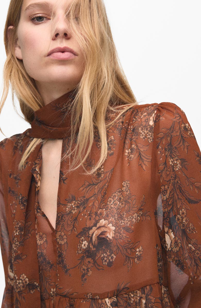 MANGO Floral Print Tie Neck Top, Alternate, color, Russet
