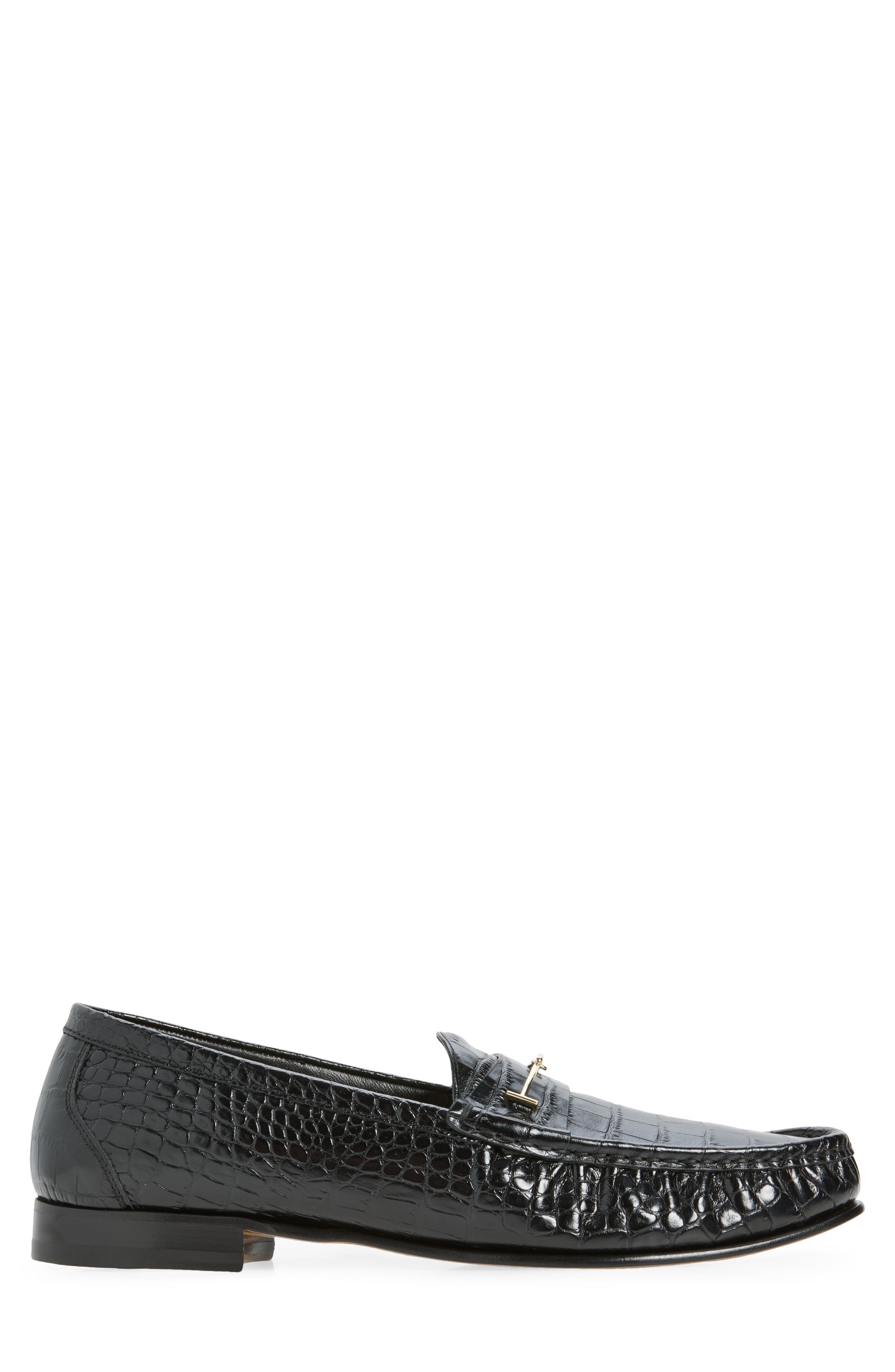 Double-T Hardware Shiny Croc Embossed Loafer, Alternate, color, NAA BLACK