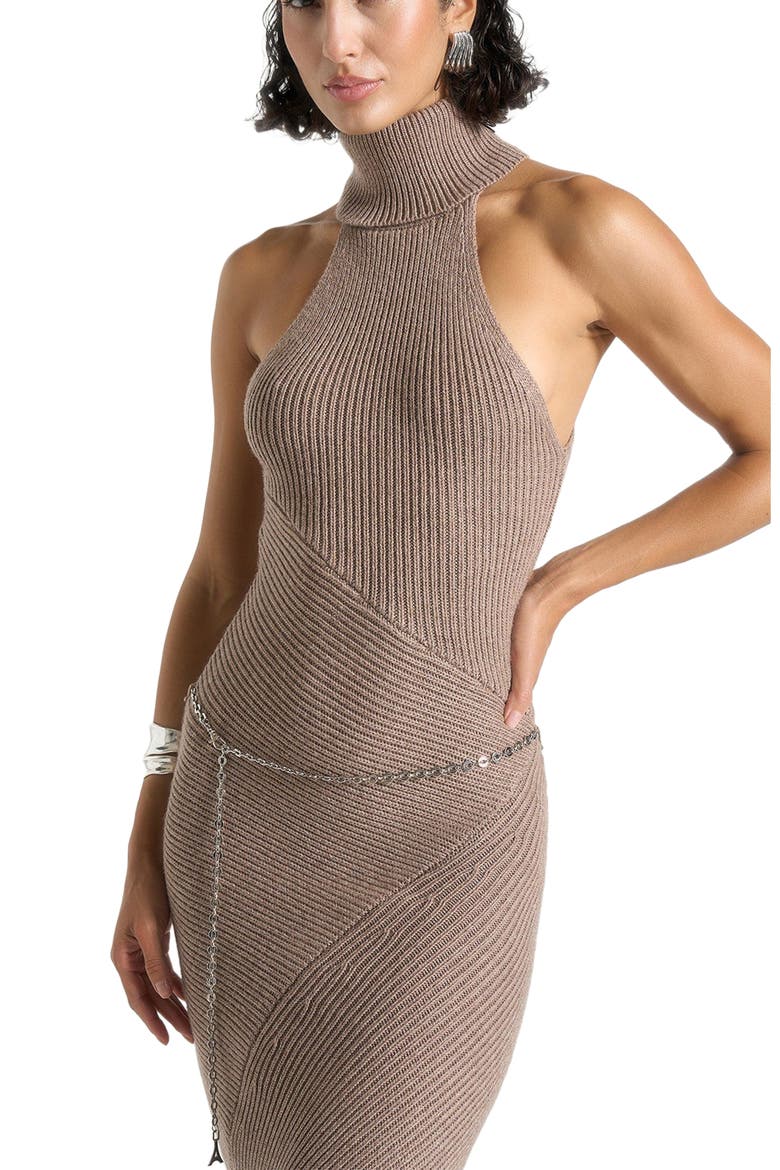 Belina Halter Neck Knitted Maxi Dress With Chain, Alternate, color, Taupe