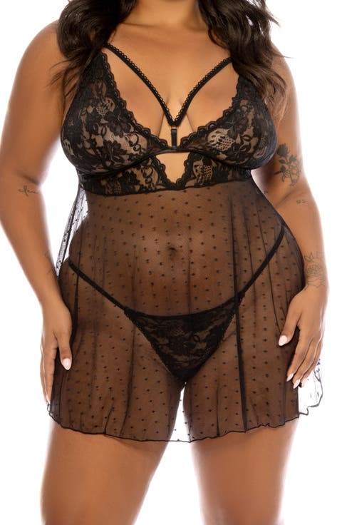 Aphrodite Dot Mesh Chemise & G-String Set (Plus)