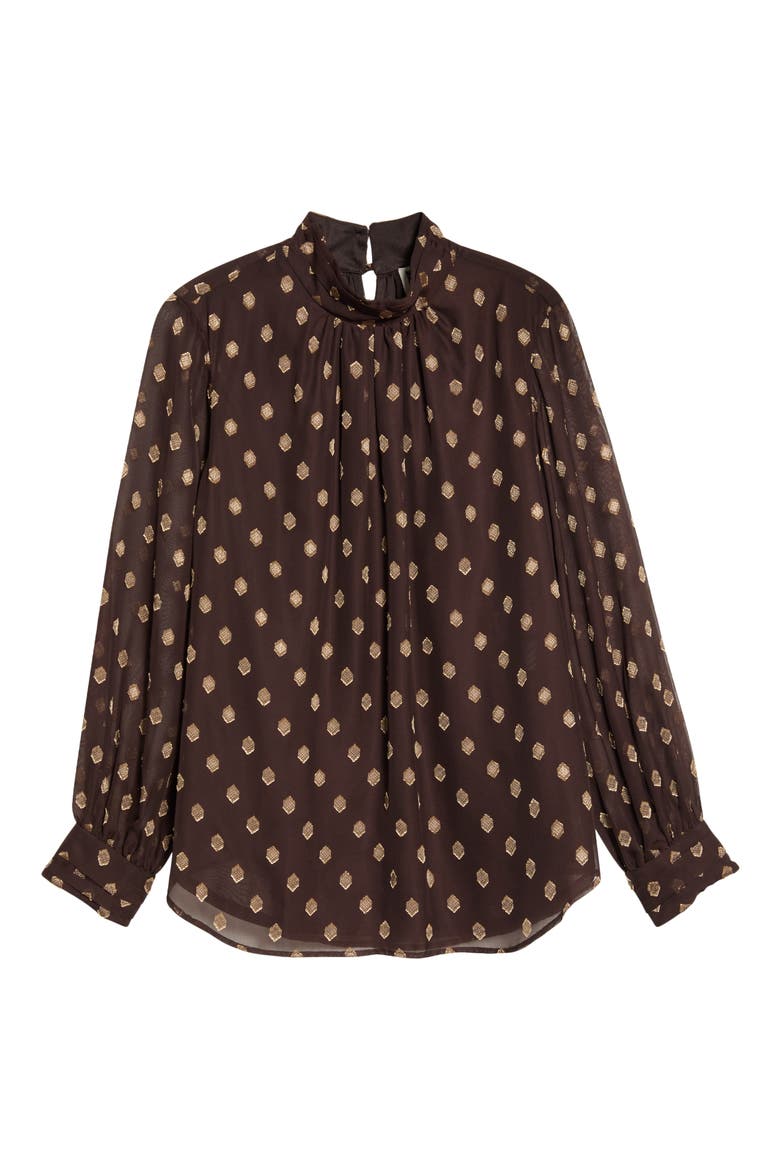 Shirred Collar Keyhole Front Long Sleeve Top, Alternate, color, DEEP MAHOGANY / GOLD