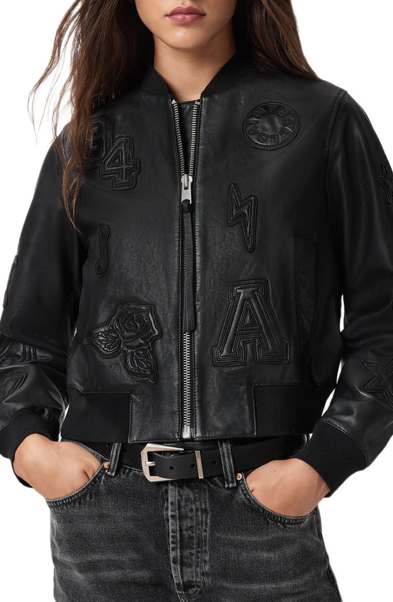 AllSaints Orten 94 Leather Bomber Jacket, Main, color, Black