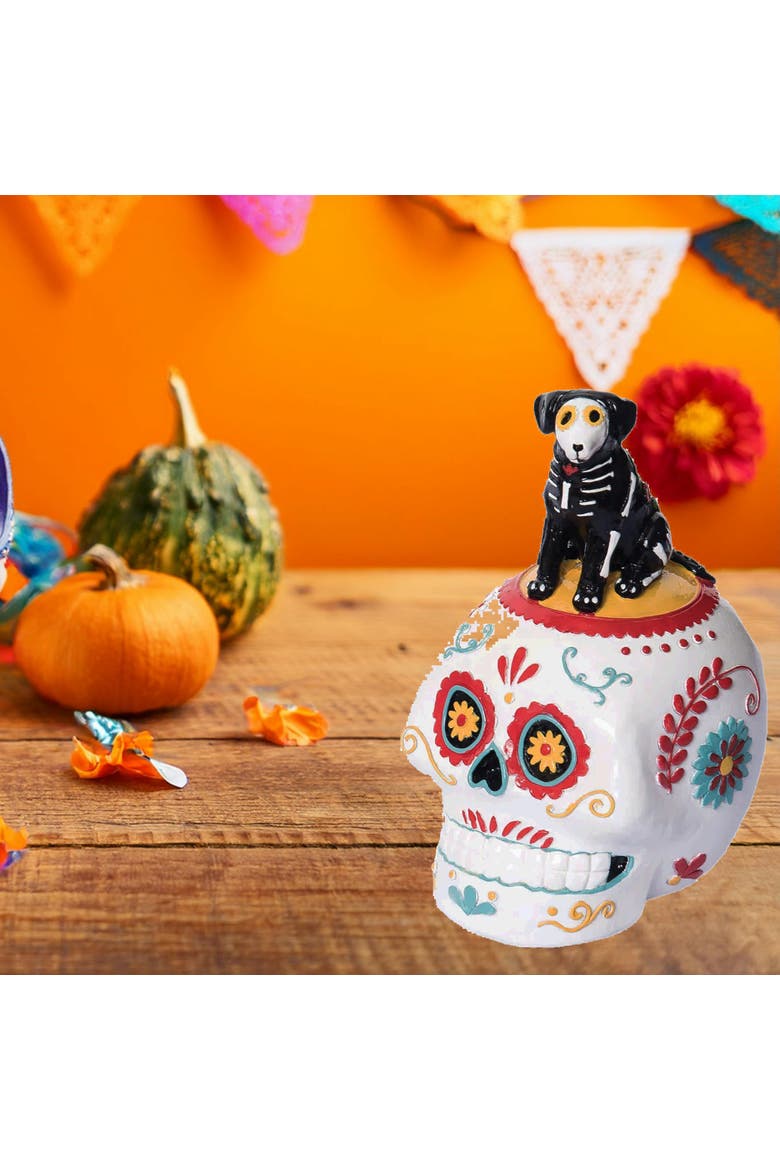 Sitting Festive Canine Dog Sugar Skull Decorative Figurine, Alternate, color, White