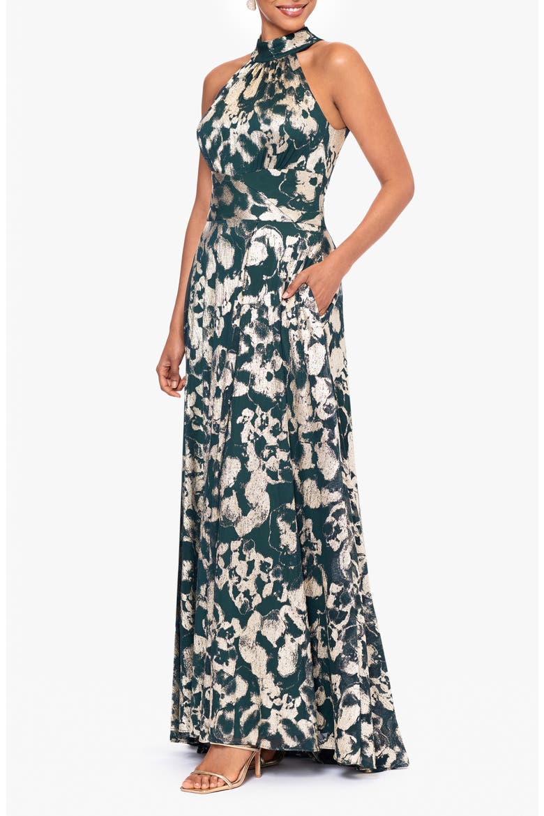 Metallic Floral High Neck Sleeveless Gown, Alternate, color, GREEN/GOLD