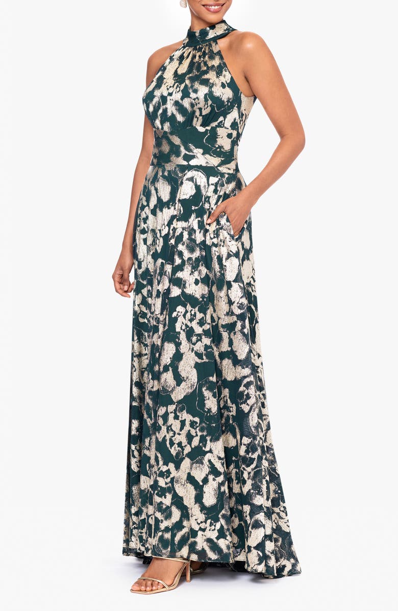 Betsy & Adam Metallic Floral High Neck Sleeveless Gown, Alternate, color, Green/Gold