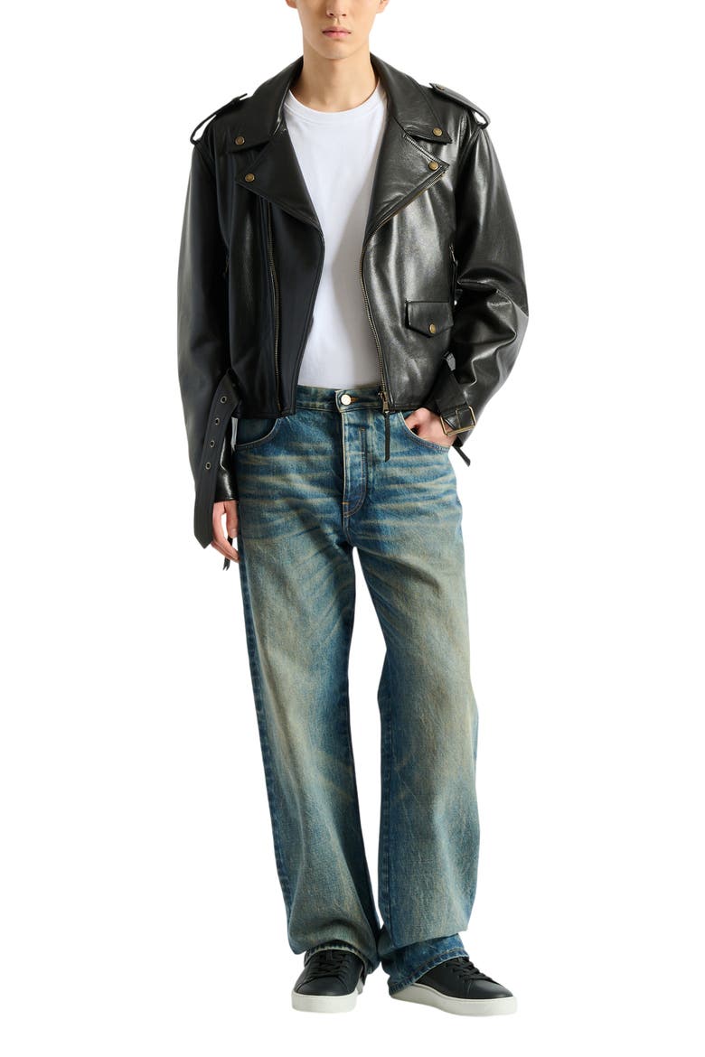 Textured leather biker jacket, Alternate, color, black