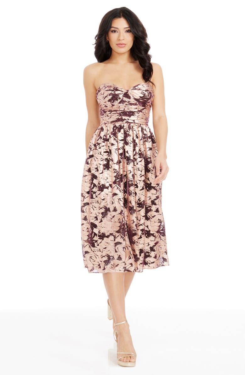 Dress the Population Mandy Metallic Floral Strapless Cocktail Dress, Alternate, color, Copper Multi