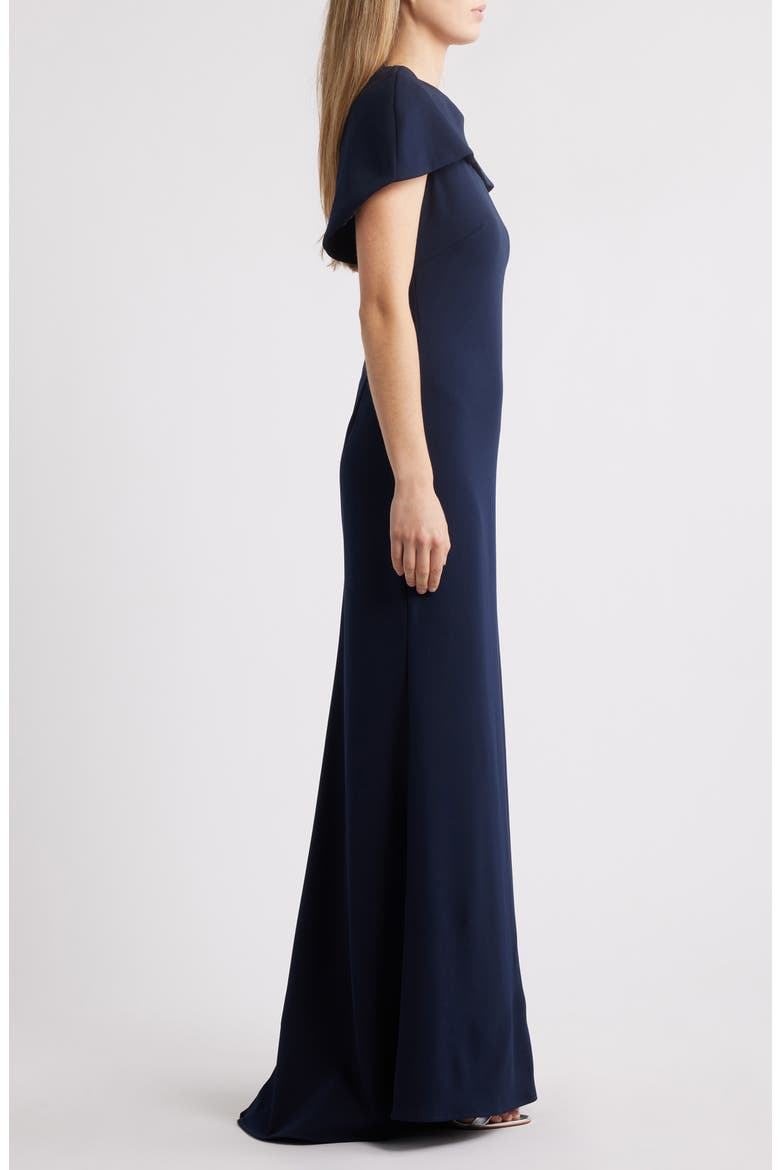 Cape Short Sleeve Scuba Crepe Gown, Alternate, color, NAVY