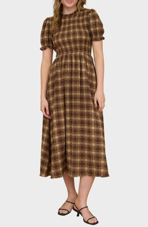 Smocked Puff Sleeve Midi Dress