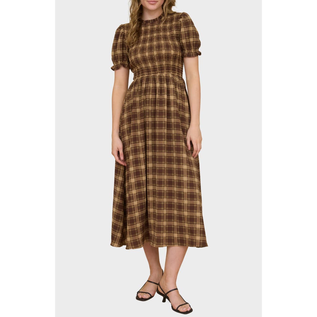 August Sky Smocked Puff Sleeve Midi Dress In Multi