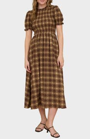 AUGUST SKY Smocked Puff Sleeve Midi Dress