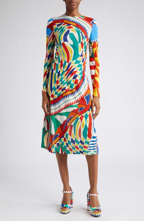 Carretto Print Long Sleeve Sheath Dress