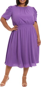 London Times Shirred Crewneck Midi Dress