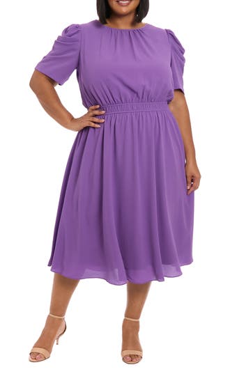 London Times Shirred Crewneck Midi Dress