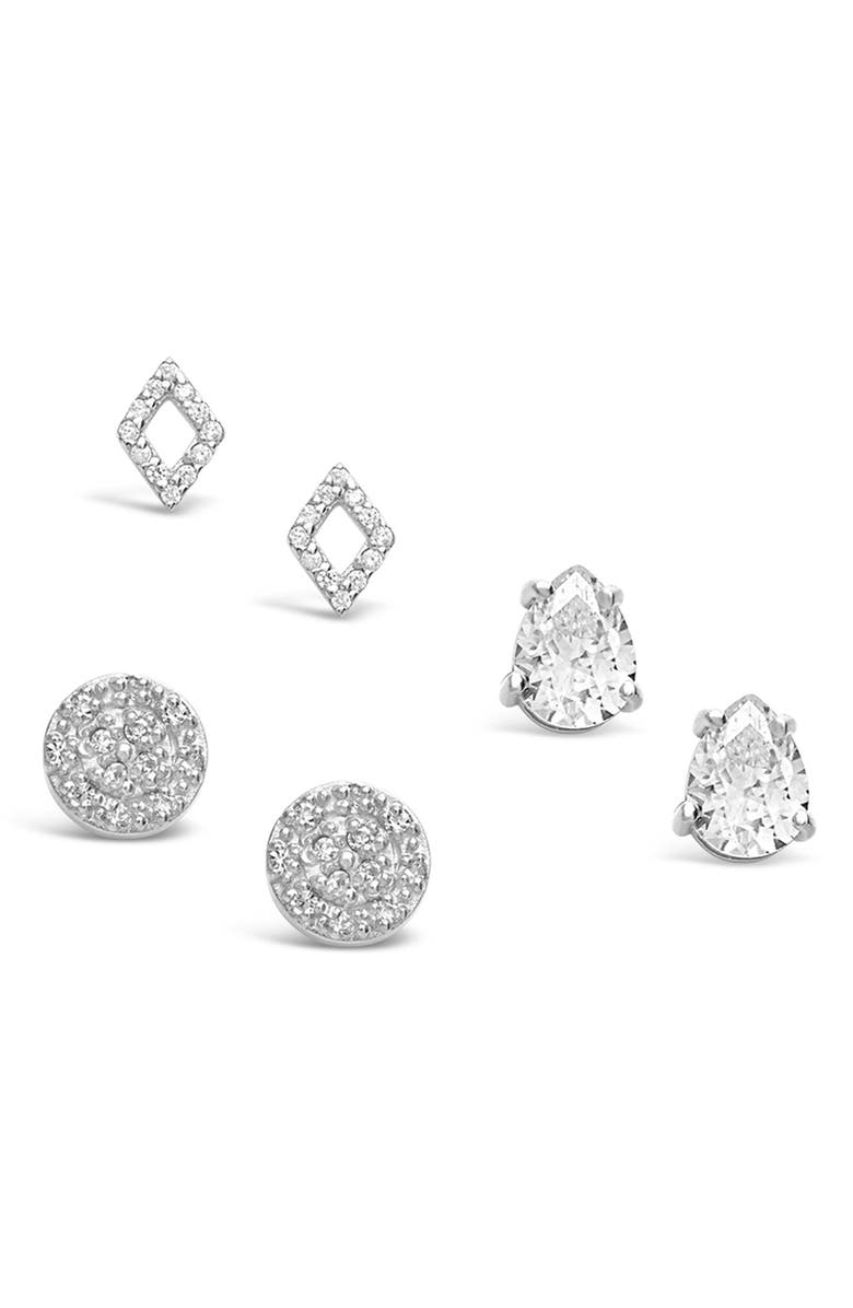 Sterling Forever Sterling Silver CZ Geo Stud Earrings - Set of 3, Main, color, Silver