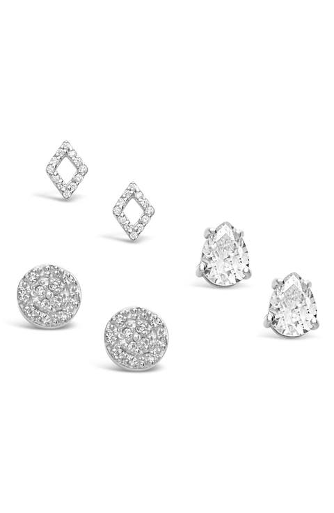 Sterling Silver CZ Geo Stud Earrings - Set of 3