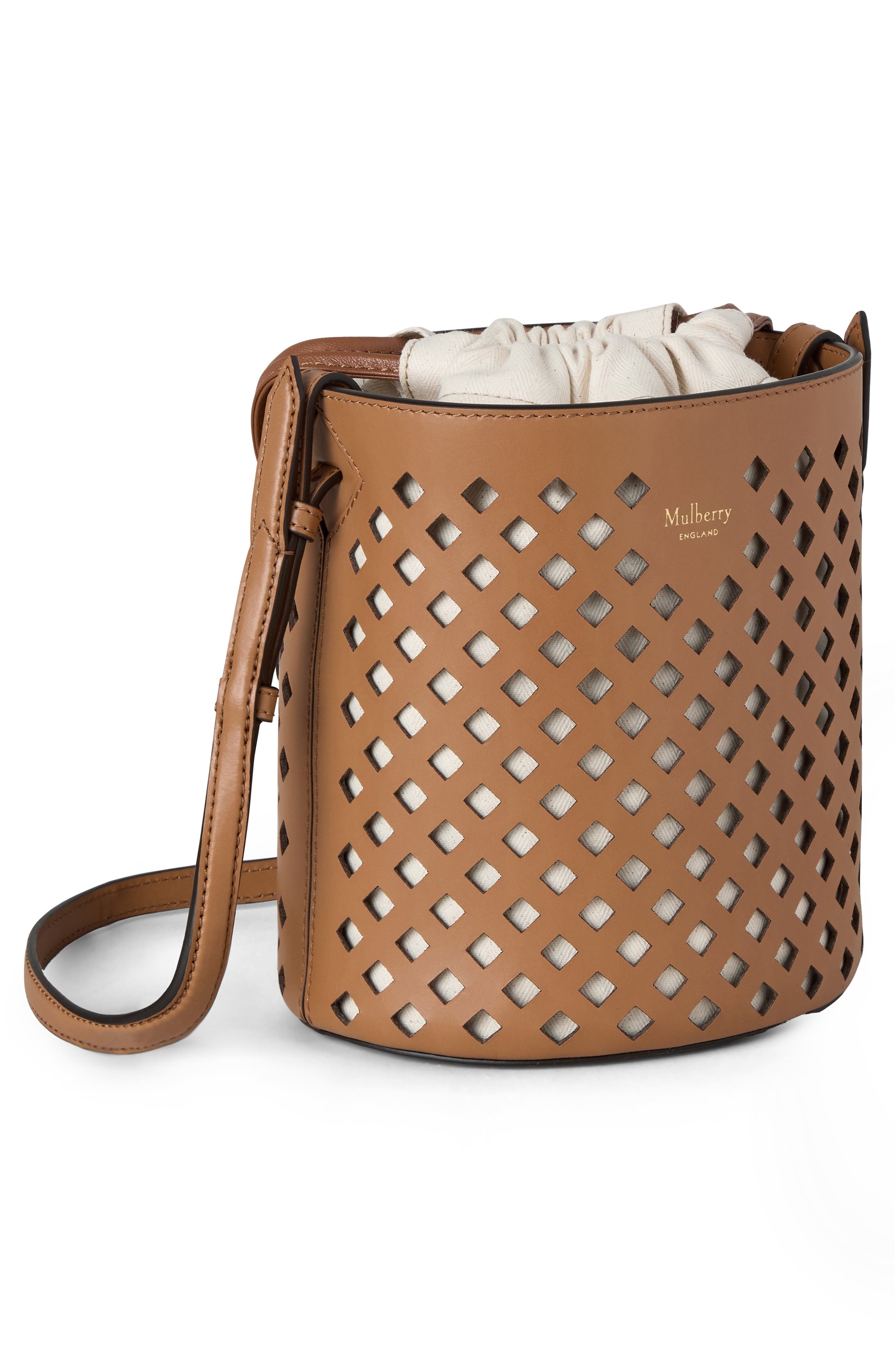 Mulberry Diamond Perforated Leather Bucket Bag, Alternate, color, Toffee