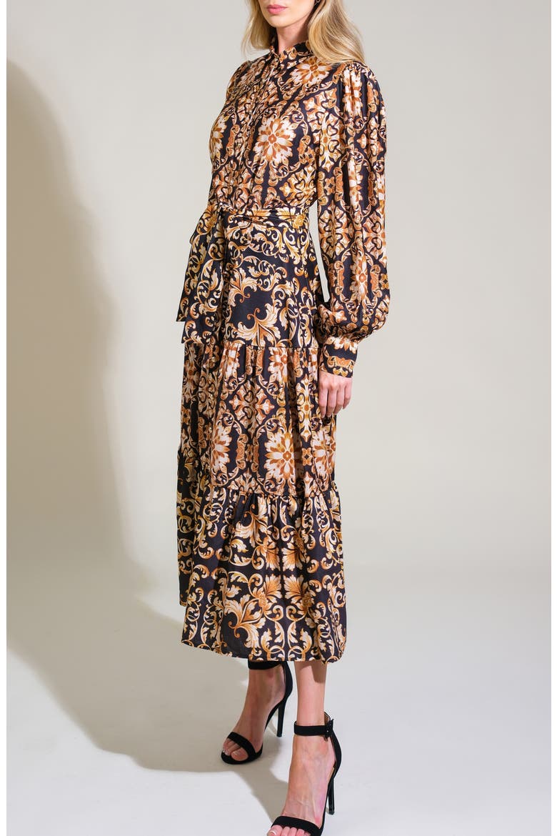 Print Long Sleeve Tiered Midi Shirtdress, Alternate, color, BLACK