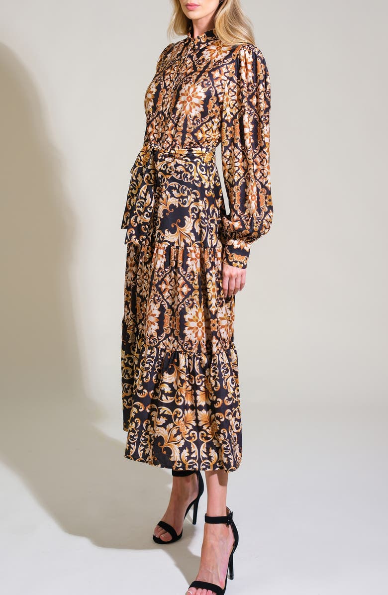 FLYING TOMATO Print Long Sleeve Tiered Midi Shirtdress, Alternate, color, Black