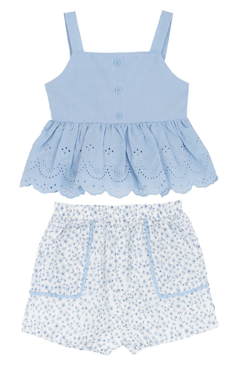 Rare Editions Kids' Eyelet Ruffle Tank & Printed Shorts Set, Main, color, Light Blue