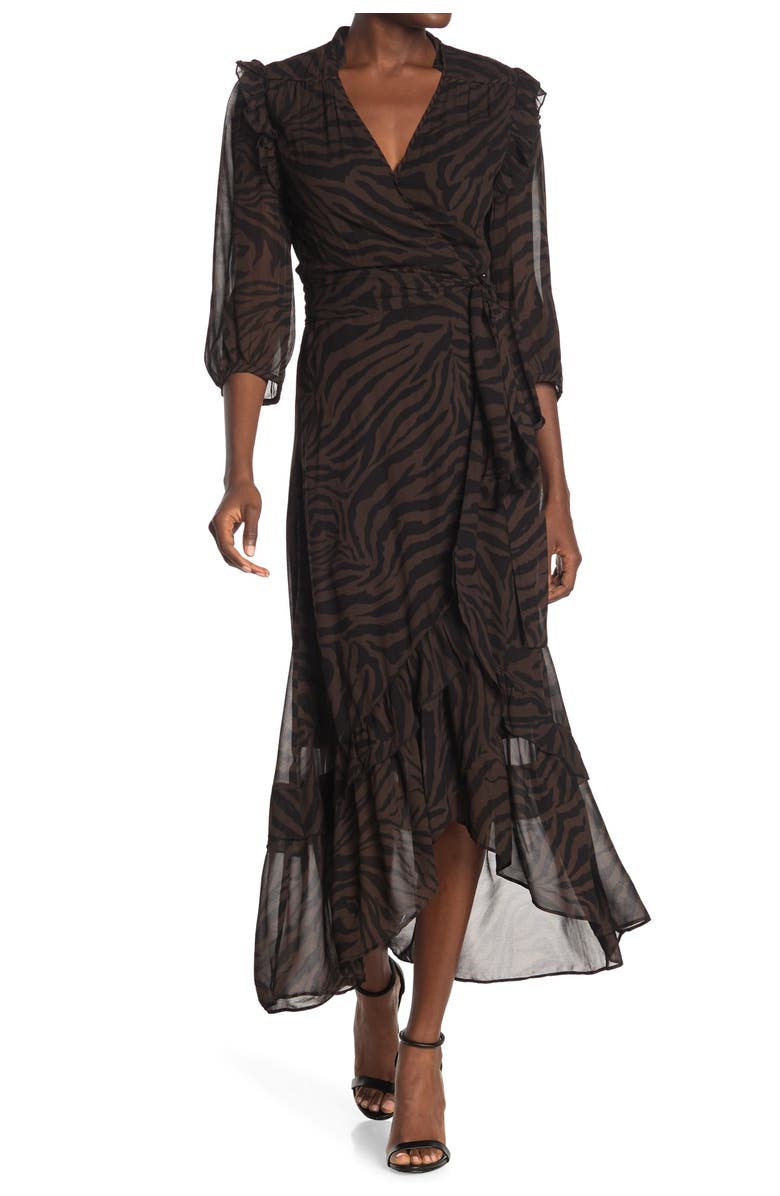 ba&sh Selena Animal Print Ruffle Detail Midi Wrap Dress, Main, color,