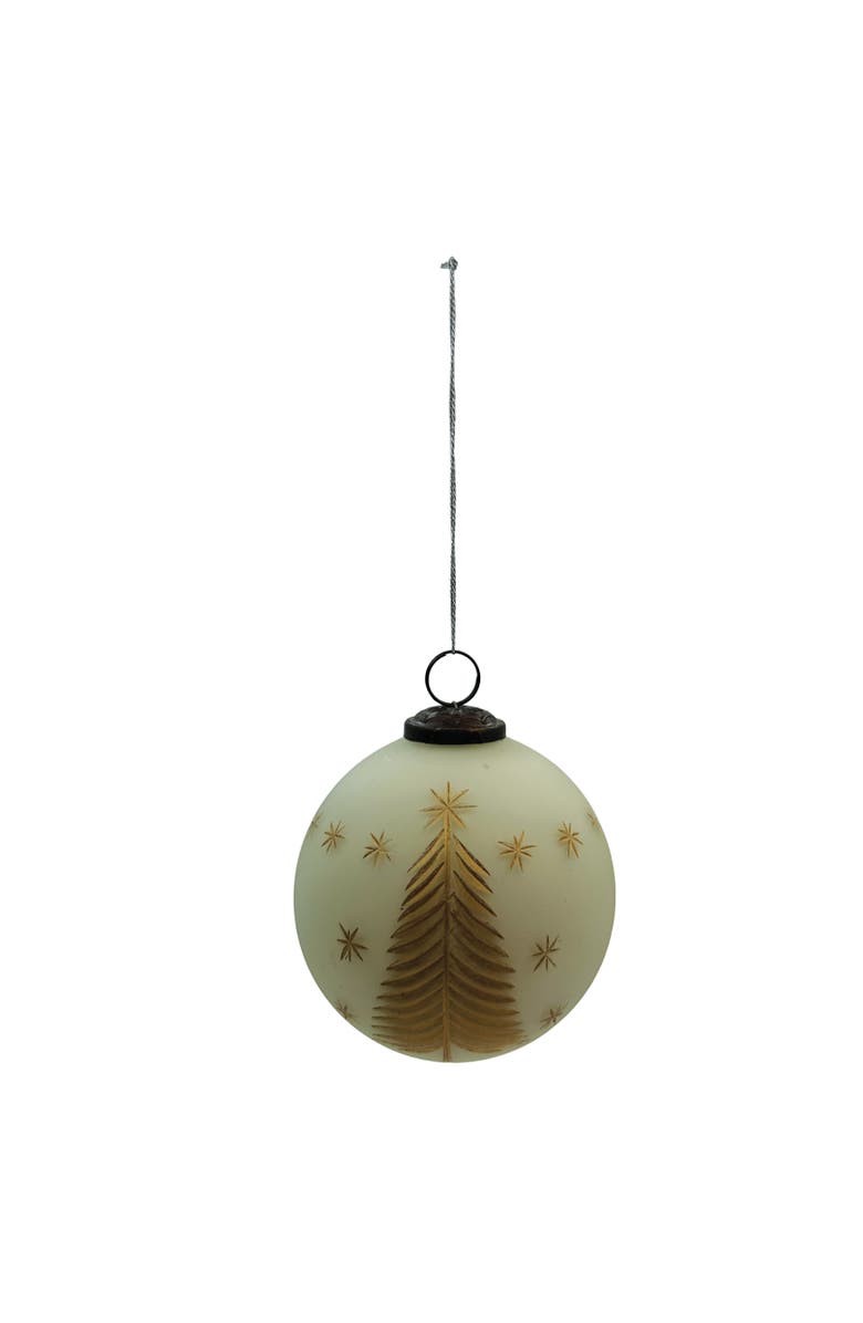 Storied Home Round Hand-Painted Glass Ball Ornament with Etched Trees and Stars, Matte Ivory Color and Gold Finish, Main, color, Ivory