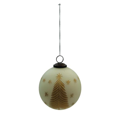 Round Hand-Painted Glass Ball Ornament with Etched Trees and Stars, Matte Ivory Color and Gold Finish