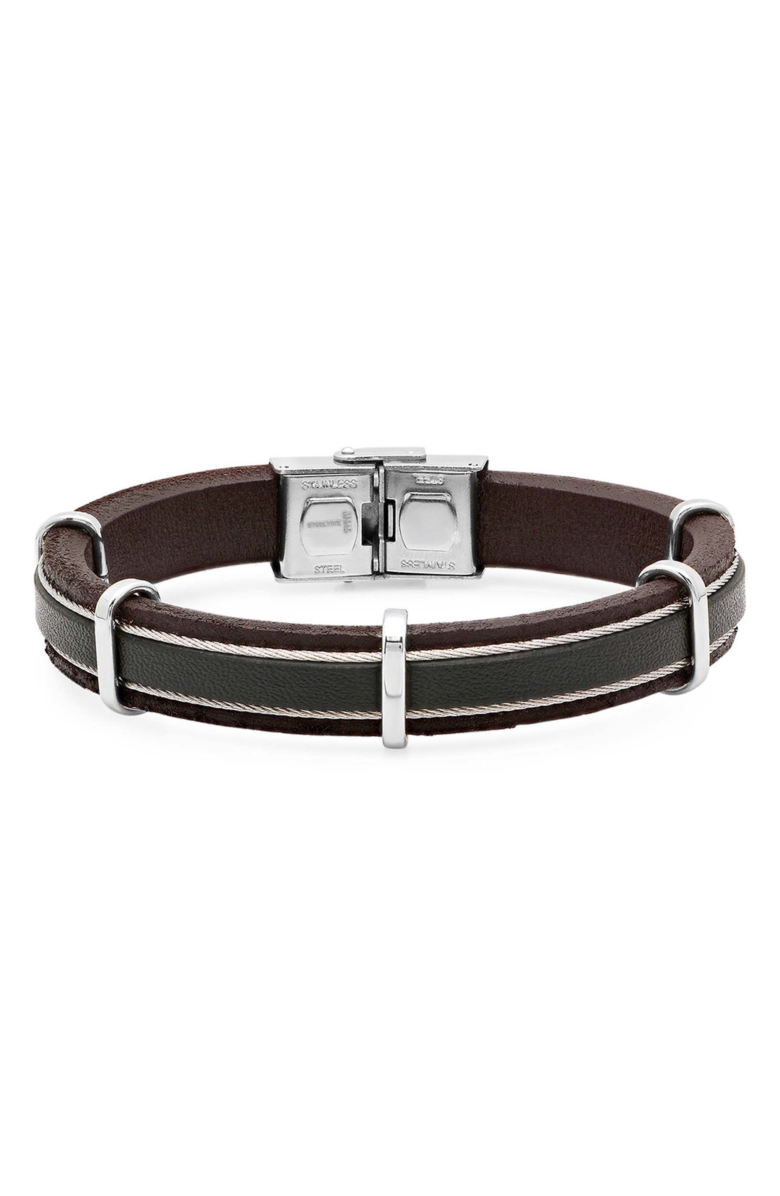 Men's Leather & Stainless Steel Cable Bracelet
