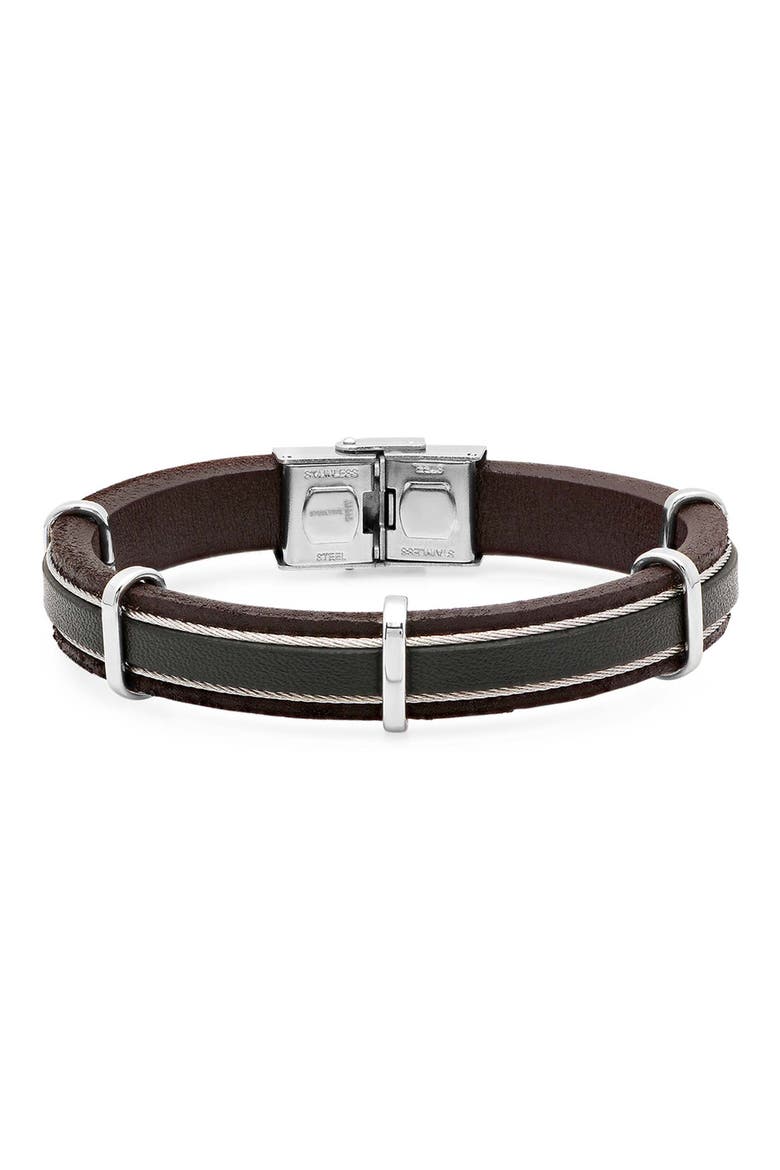 Men's Leather & Stainless Steel Cable Bracelet, Main, color, BLACK