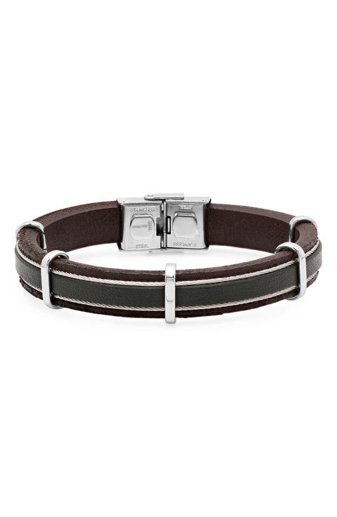 Men's Leather & Stainless Steel Cable Bracelet