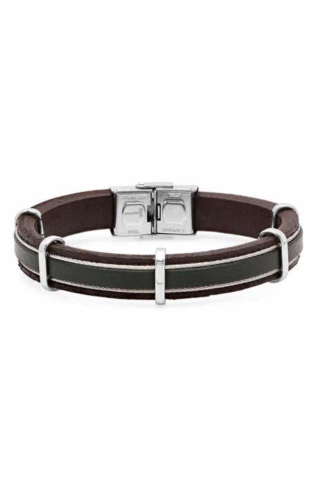 Men's Leather & Stainless Steel Cable Bracelet