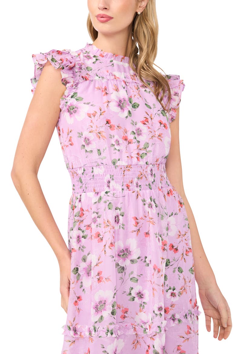 Floral Print Flutter Sleeve Smocked Midi Dress, Alternate, color, FAIR ORCHID