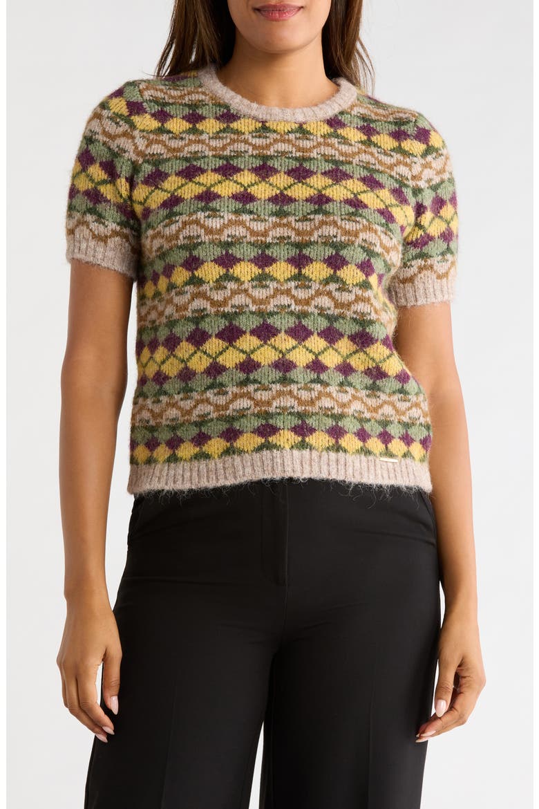 Patterned Fuzzy Sweater, Main, color, GREEN/ YELLOW/ BROWN JACQUARD