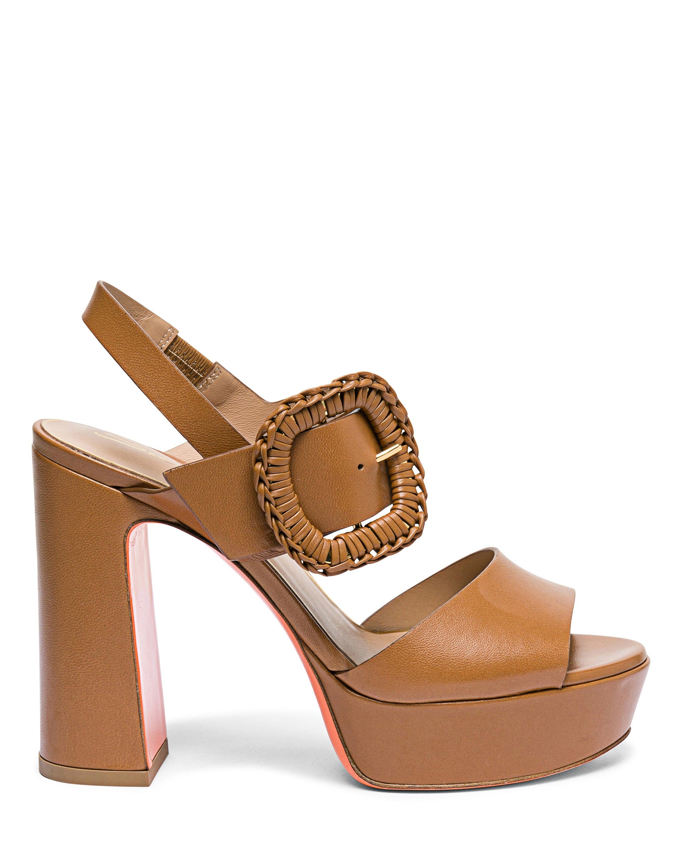 Santoni Leather High-Heel Sandal with Woven Buckle, Alternate, color, Light Brown