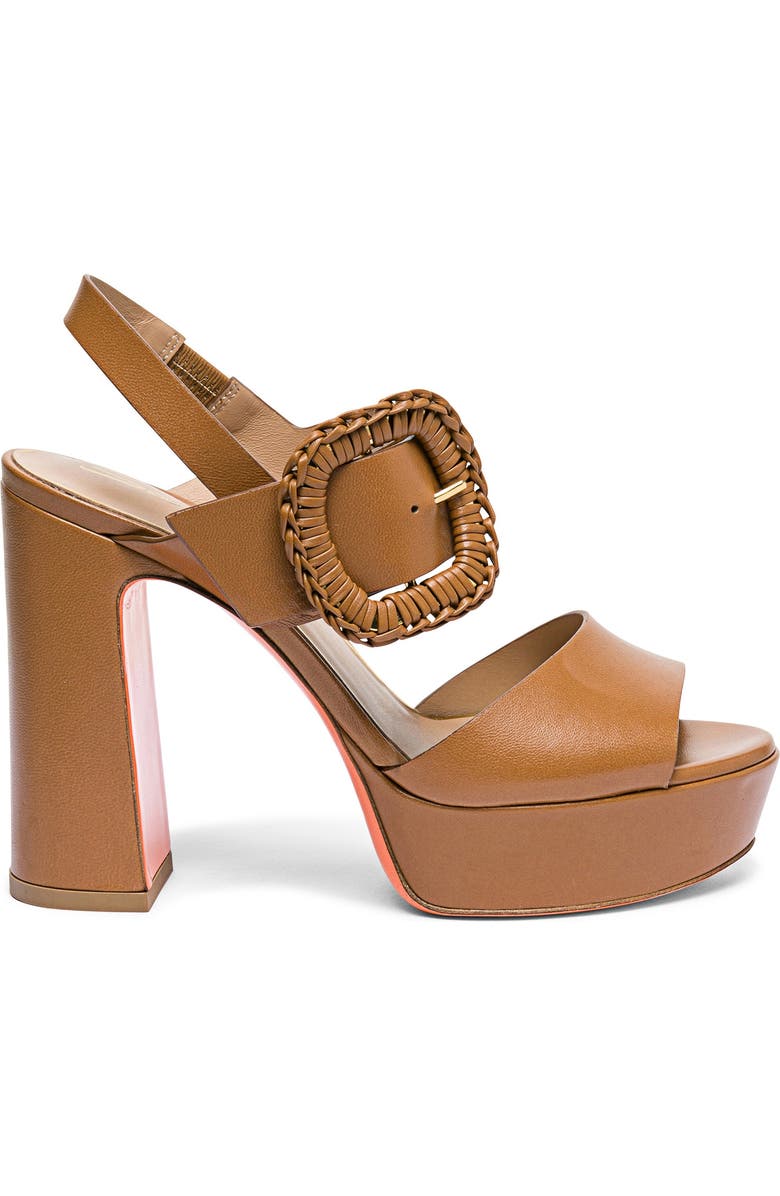 Santoni Leather High-Heel Sandal with Woven Buckle, Alternate, color, Light Brown