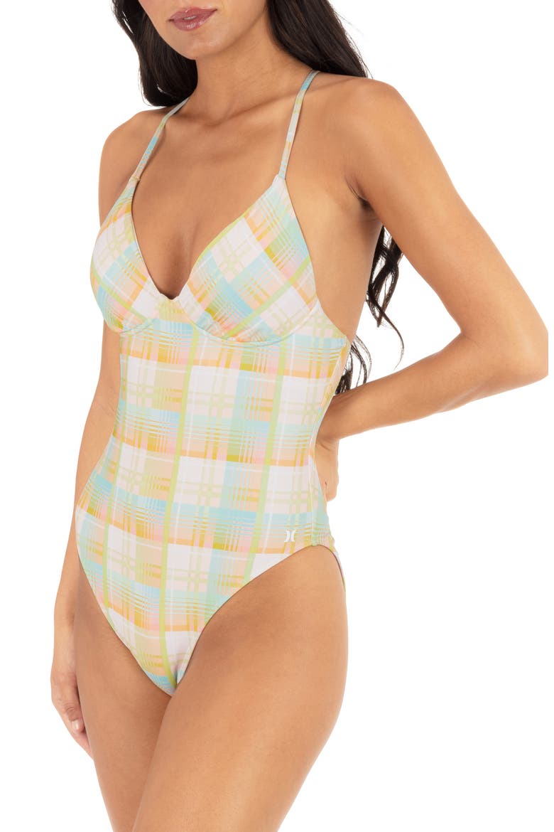 Vacay Plaid Underwire One-Piece Swimsuit, Alternate, color, ELECTRIC LIME