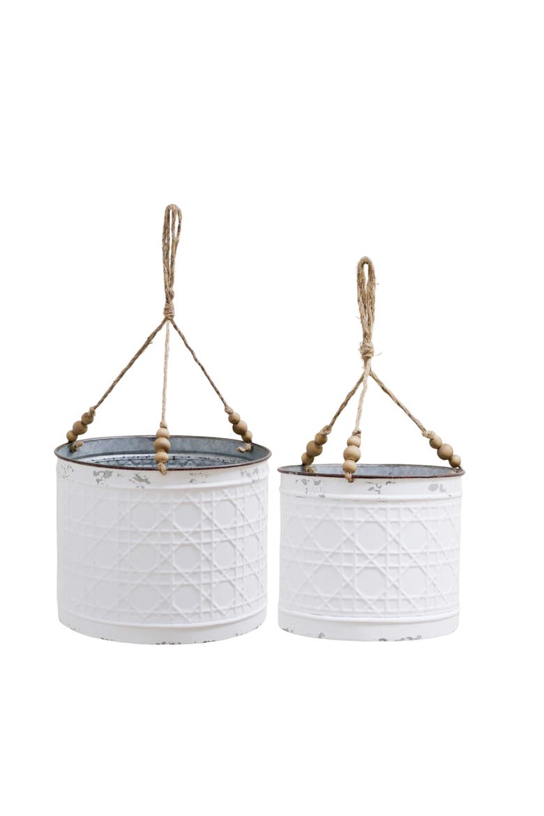 Embossed Hanging Planter with Rope Set of 2, Main, color, White