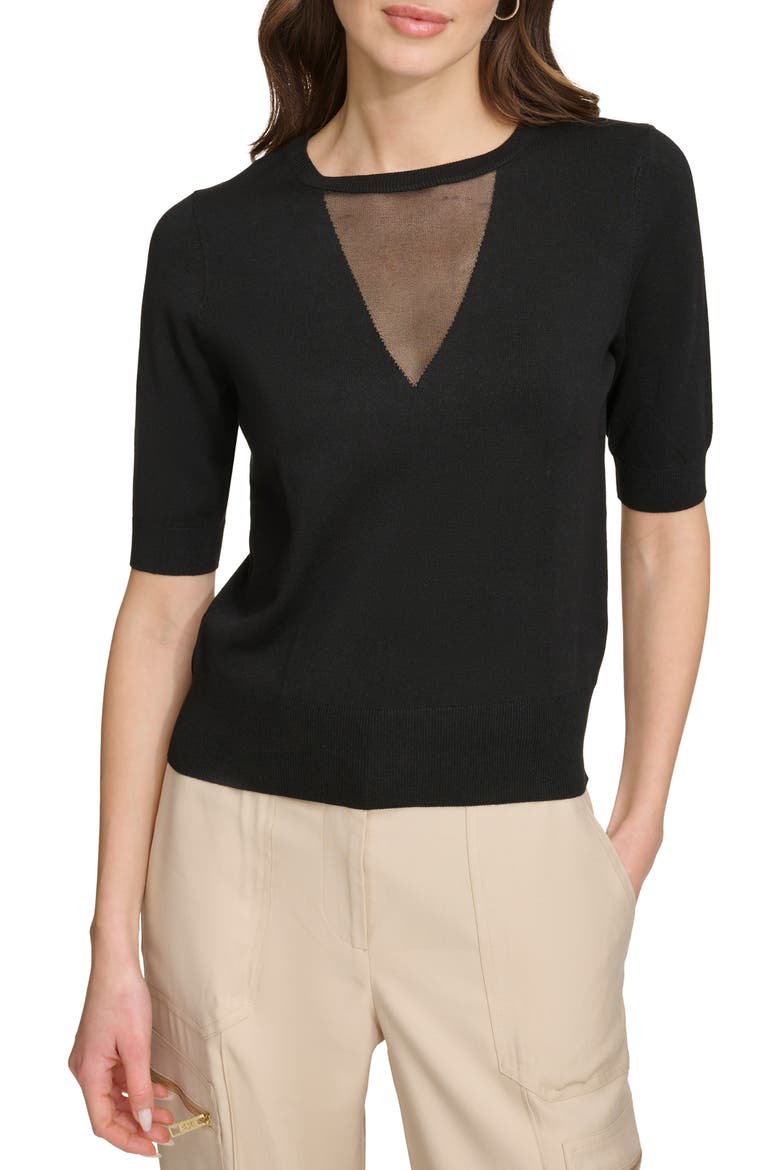 Sheer Mesh Illusion V-Neck Sweater, Main, color, BLACK