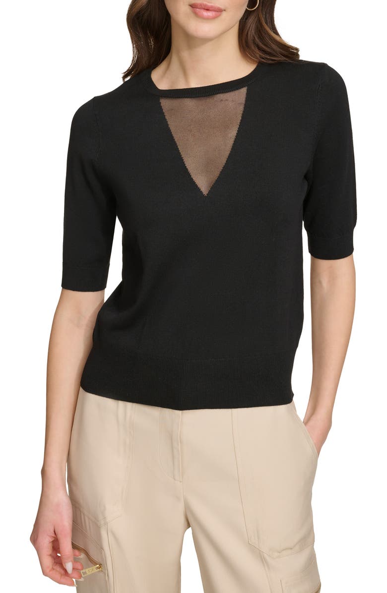 DKNY Sheer Mesh Illusion V-Neck Sweater, Main, color,