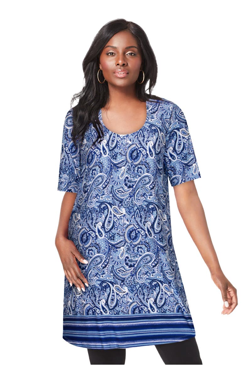 Jessica London Stretch Mega Knit Tunic, Main, color, Navy Paisley Border