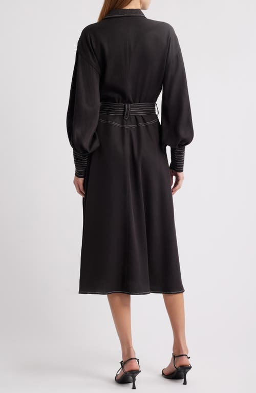 CIEBON CIEBON JANIE TOPSTITCH TIE WAIST LONG SLEEVE MIDI DRESS