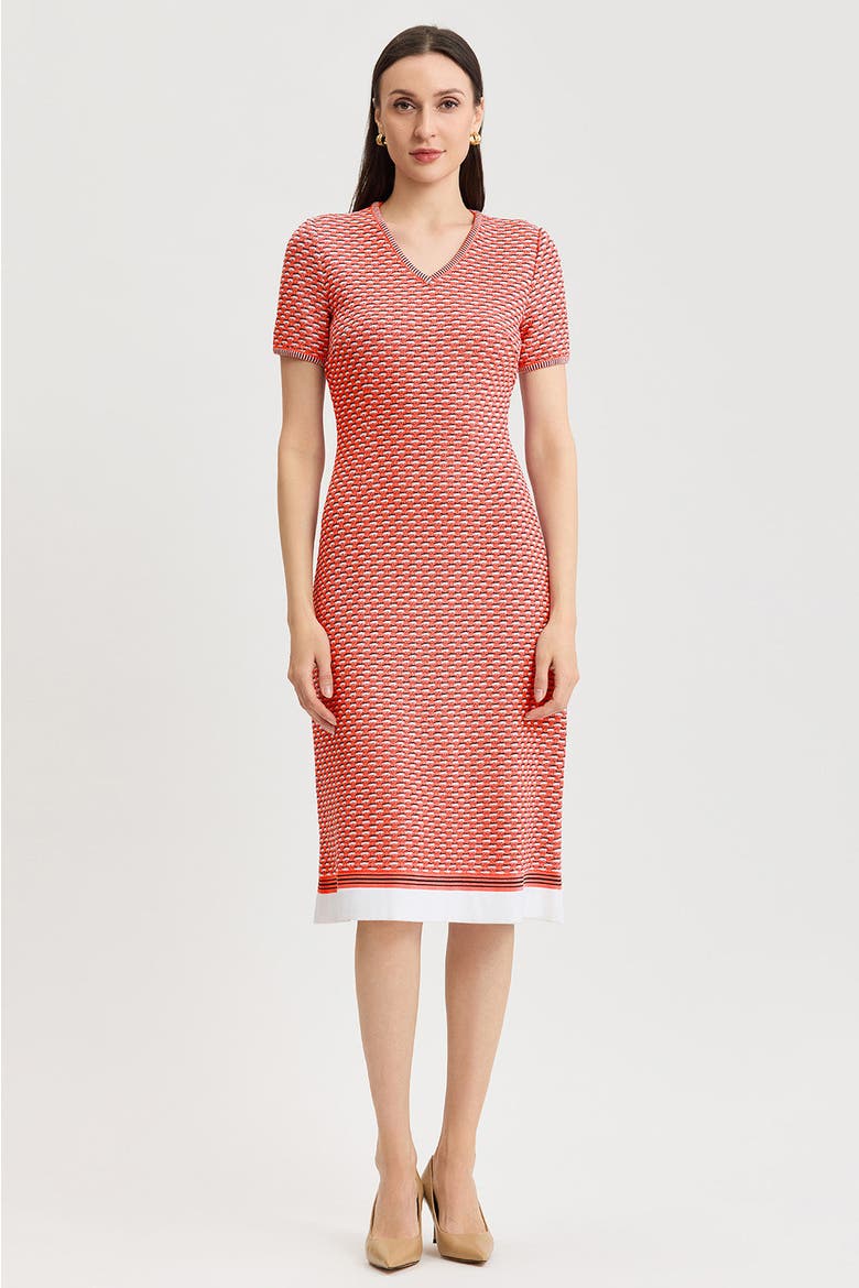 A-Line Textured Multi-Stitch Midi Dress, Main, color, Sunkist Coral/White/Indigo