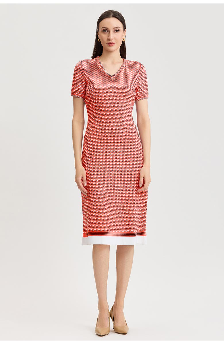 Ming Wang A-Line Textured Multi-Stitch Midi Dress, Main, color, Sunkist Coral/White/Indigo