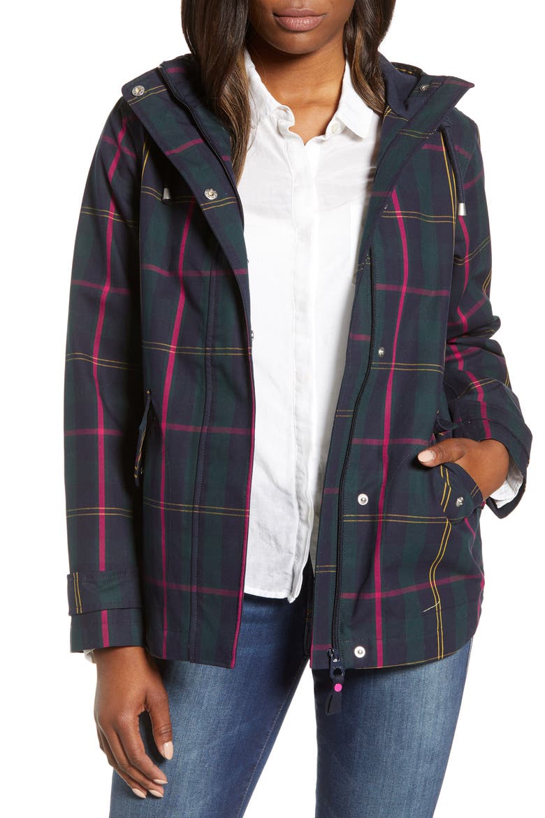 Right as Rain Print Waterproof Hooded Jacket, Main, color, NAVY CLOCK WATCH CHECK
