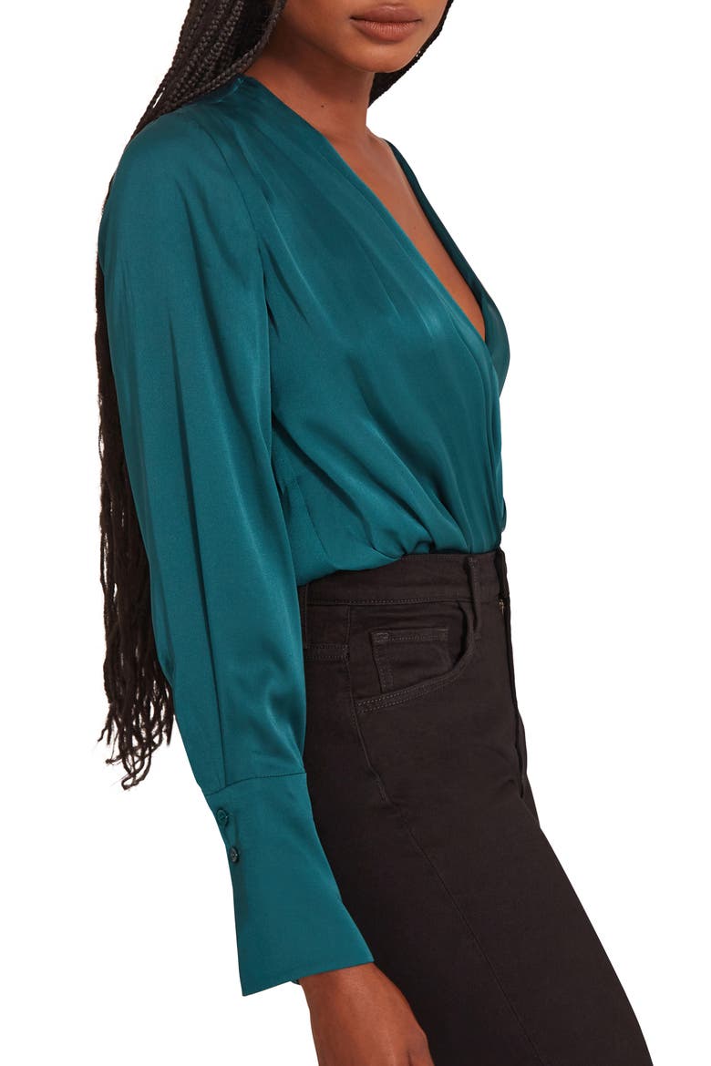 Surplice Long Sleeve Satin Bodysuit, Alternate, color, EMERALD