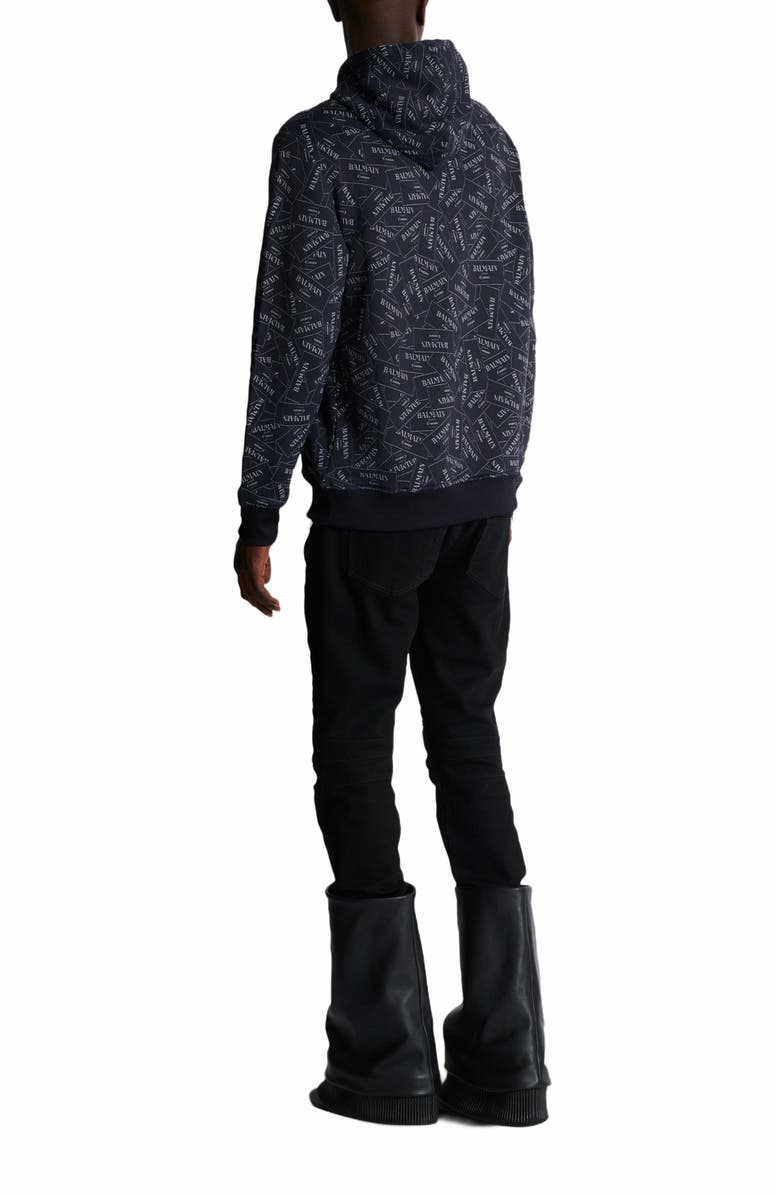 Balmain Hoodie With All-Over Balmain Label Print, Alternate, color, Black