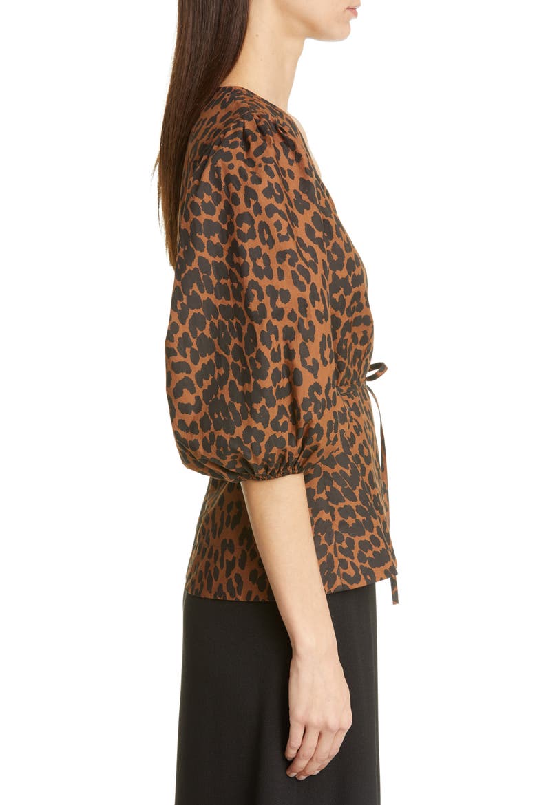Leopard Print Balloon Sleeve Organic Cotton Wrap Top, Alternate, color, TOFFEE