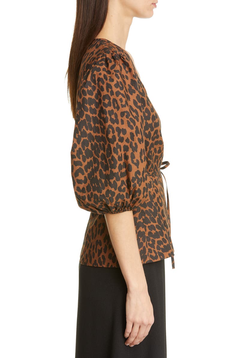 Ganni Leopard Print Balloon Sleeve Organic Cotton Wrap Top, Alternate, color, 