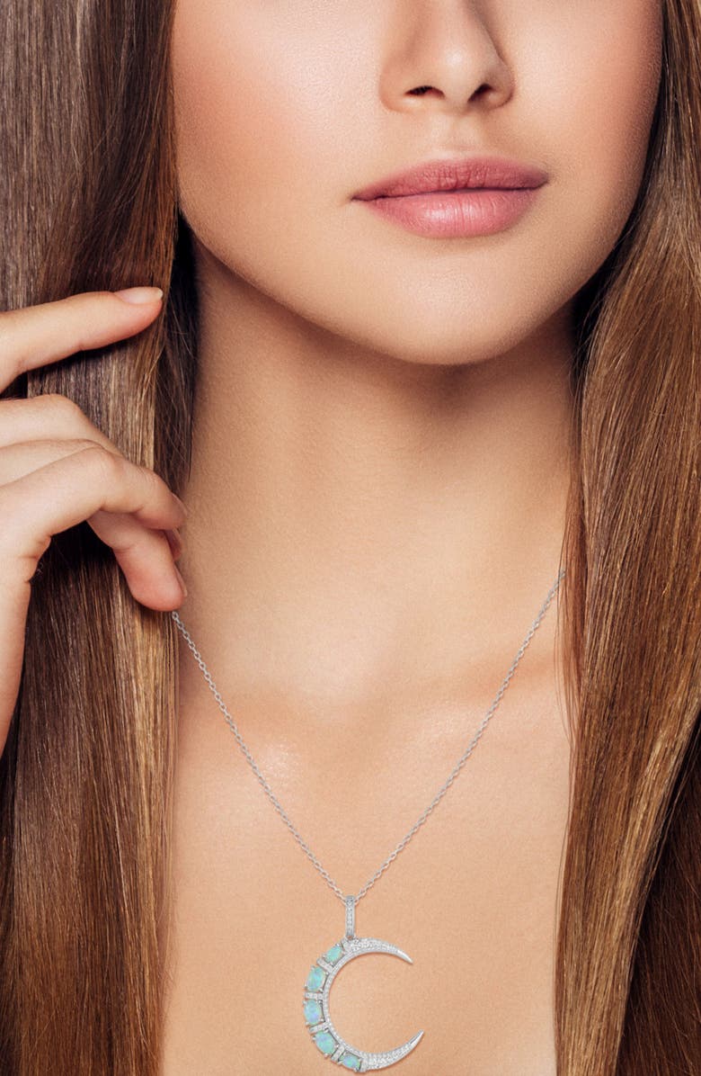 GLAZE JEWELRY Cubic Zirconia & Synthetic Opal Moon Pendant Necklace, Alternate, color, Silver